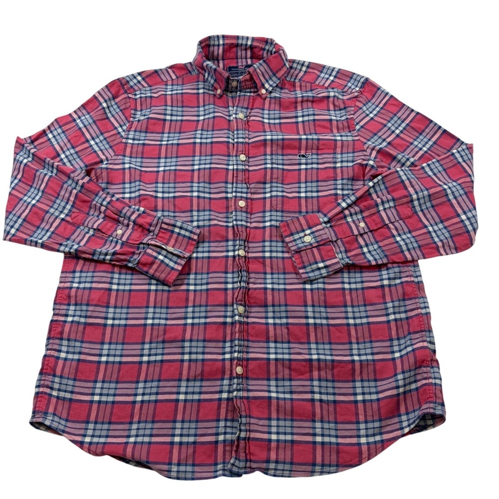 Vineyard Vines Mens Large Pink Blue Plaid Cotton Linen Tucker Button Down Shirt